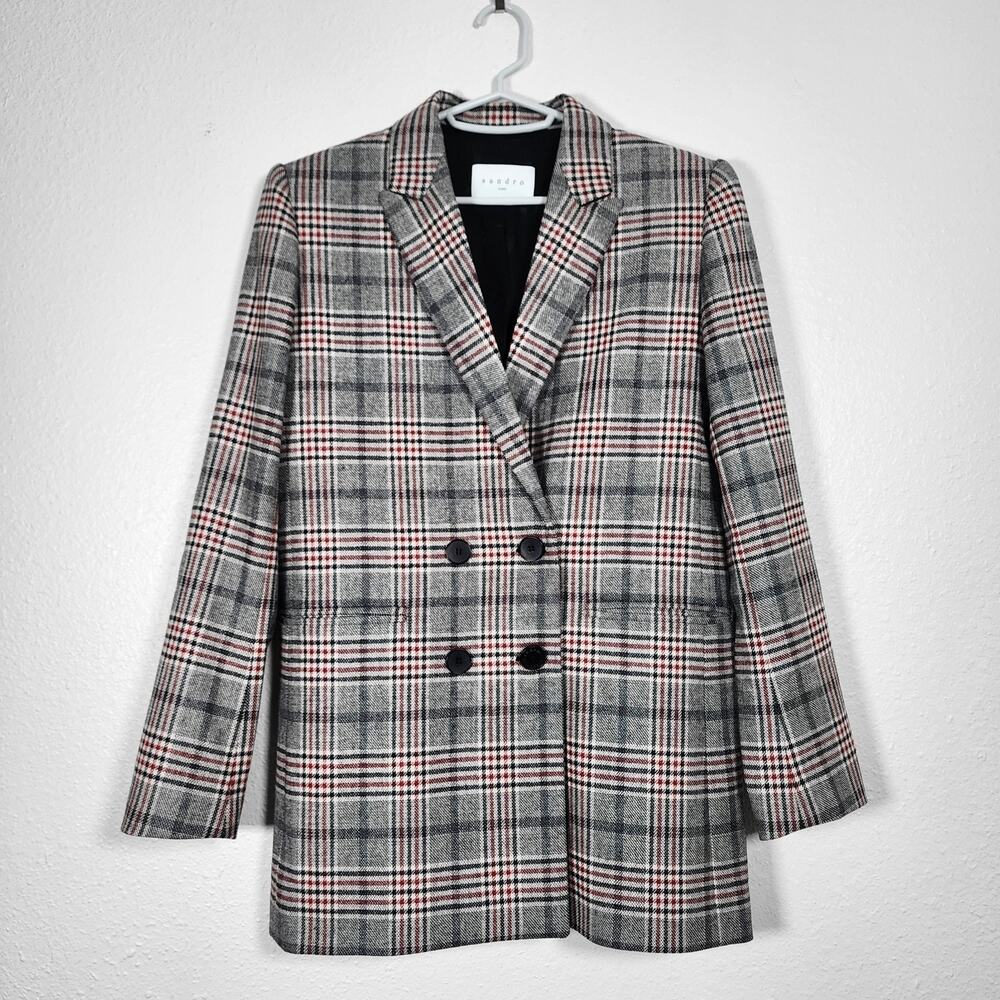 Sandro Double Breasted Lauryn Blazer Plaid Wool Blend Lined Size US Small FR 36